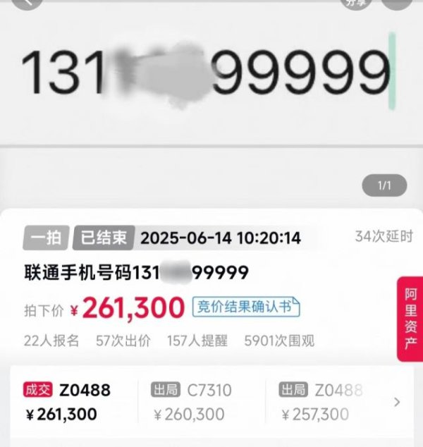 股巢配资 尾号99999手机号拍出26.13万元，溢价率超160%
